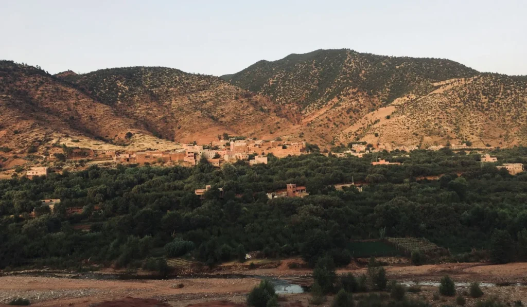 A Moroccan village and green trees below dry Atlas mountain slopes